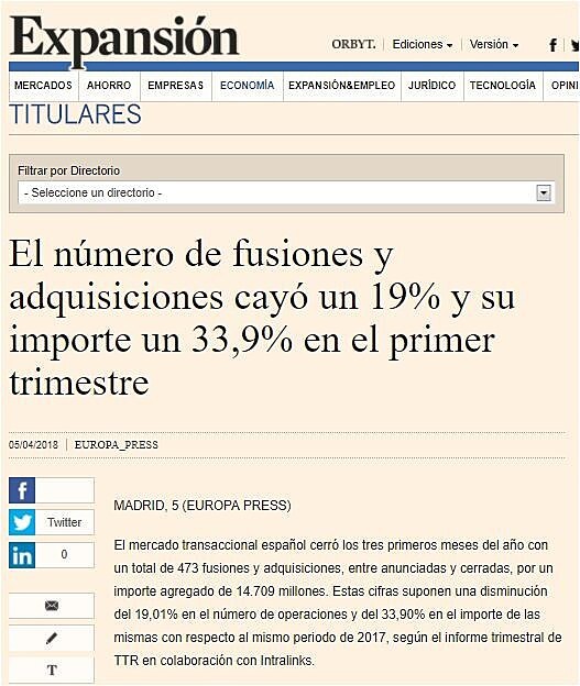 El nmero de fusiones y adquisiciones cay un 19% y su importe un 33,9% en el primer trimestrees